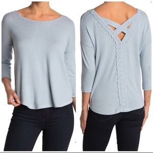 NWT Bobeau Dusty Blue Crisscross Back 3/4 Sleeve Knit Pullover Sweater Size M